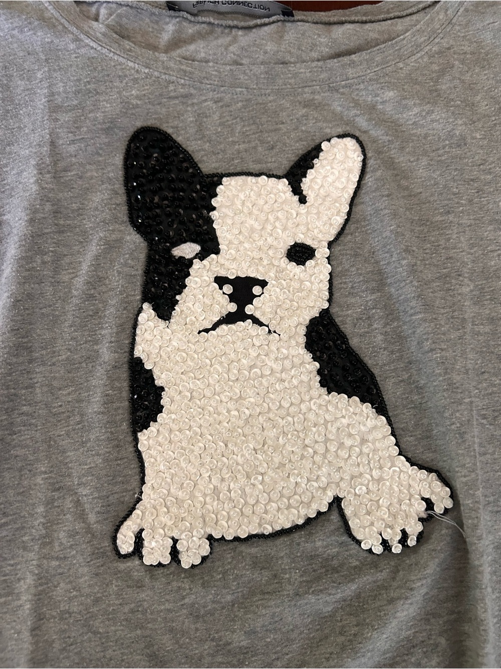 French Connection Gray Beaded French Bulldog Puppy Cotton Tee Scoop Neck Medium